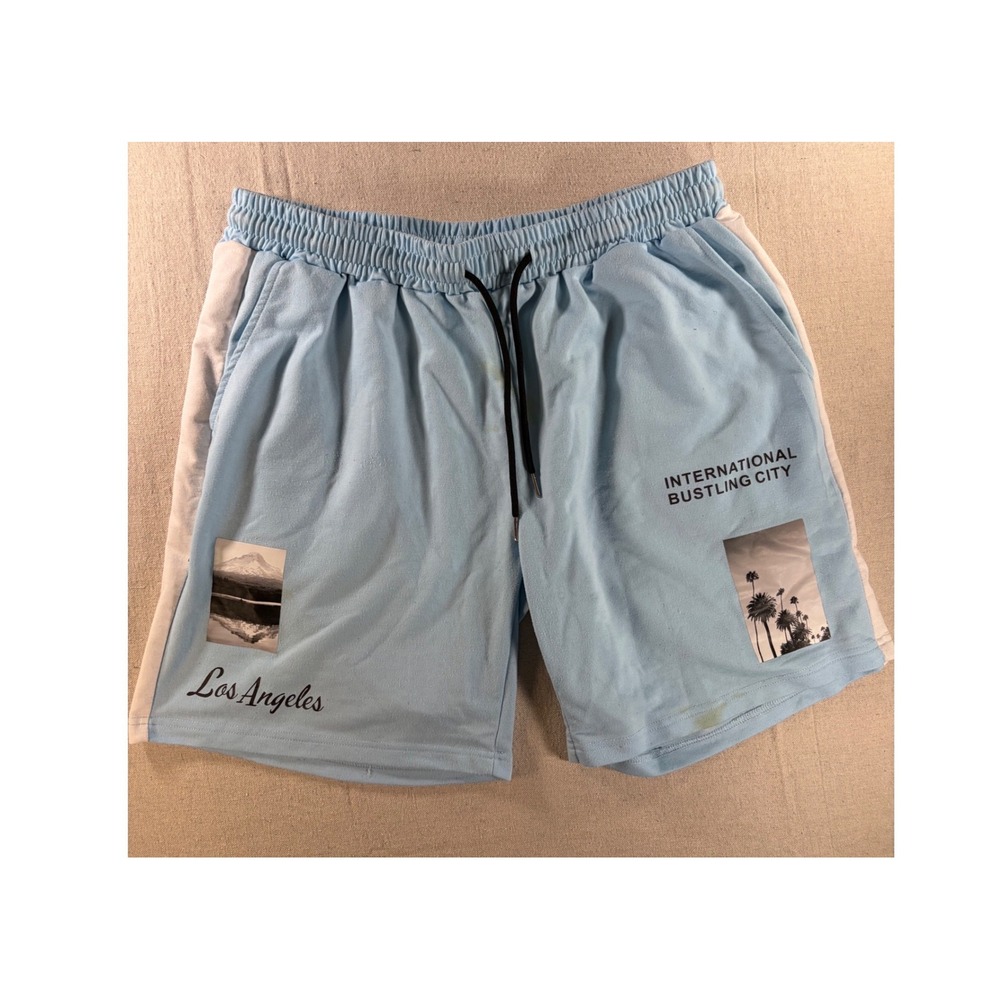 Romwe Graphic Sweat Shorts Mens XL Light Blue Los Angeles International City XL